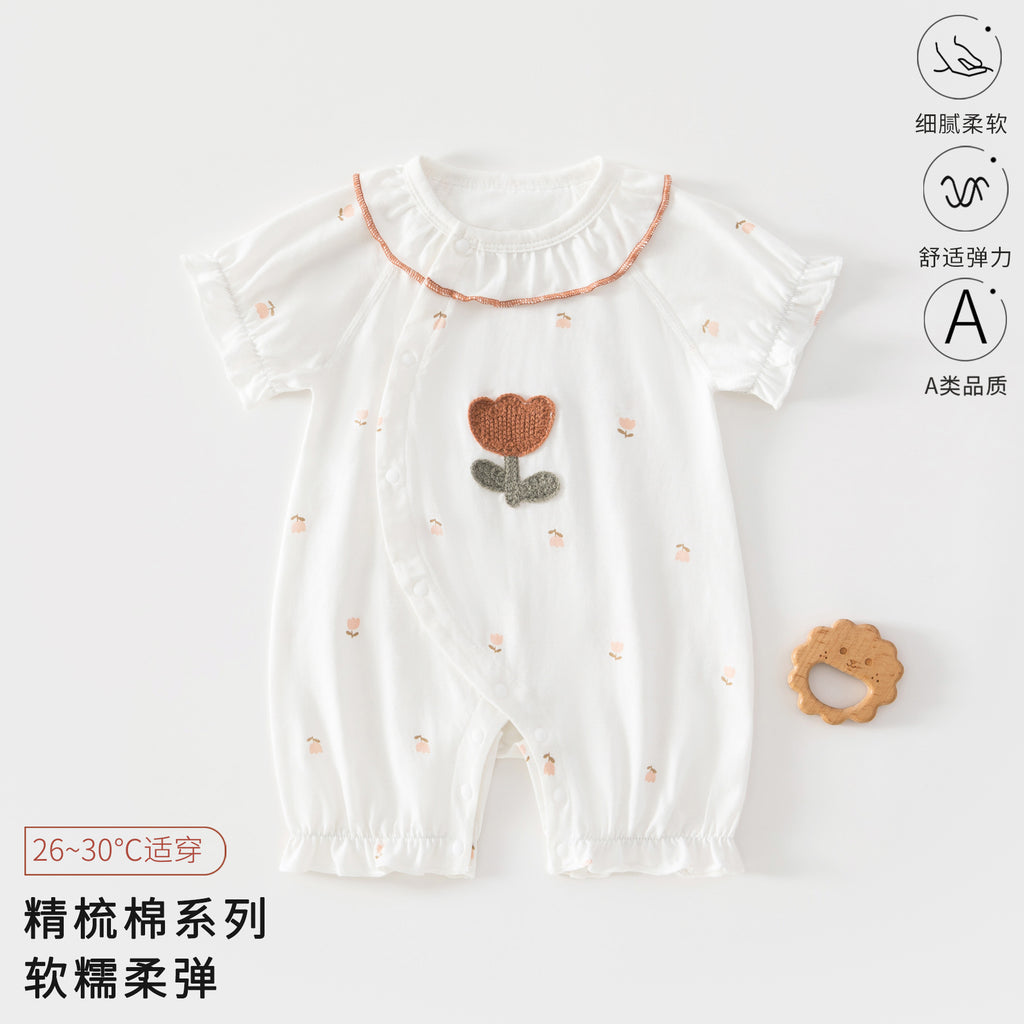 Class A Pure Cotton Summer Rompers For Newborns; Short-sleeved, Thin Summer Outfits Perfect For Boys And Girls To Wear Outdoors.